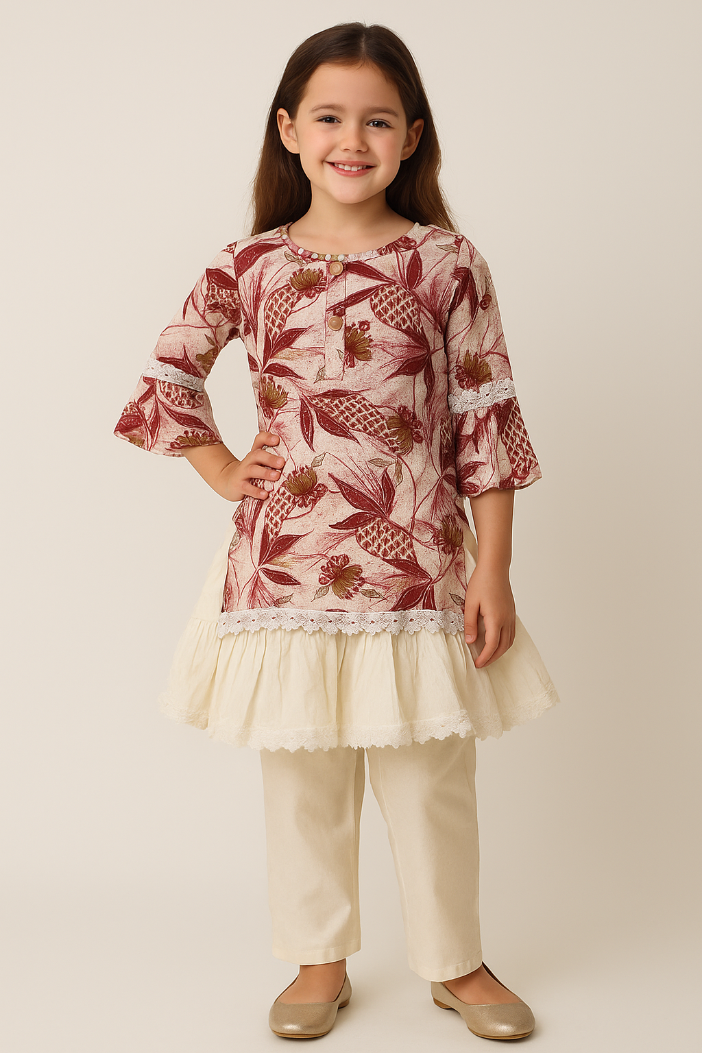 Cotton Printed Frock Pant set With Dupatta 1191 Beige