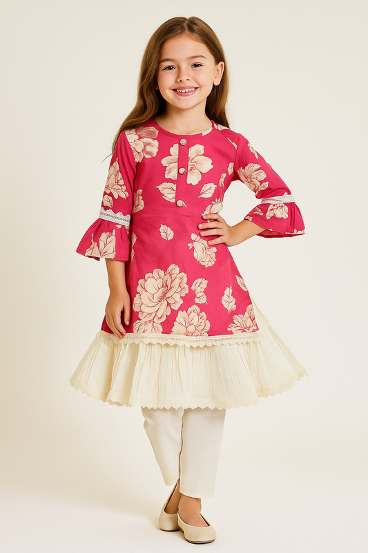 Cotton Printed Frock Pant set With Dupatta 1192 Pink