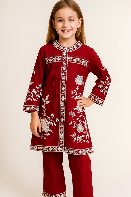 Cotton  Embroidered Kurti Pant Set 1195 Maroon