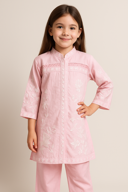 Cotton  Embroidered Kurti Pant Set 1197 Pink