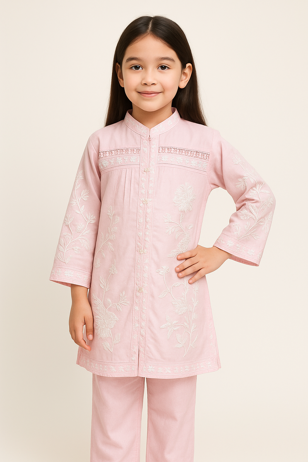 Cotton Embroidered Kurti Pant Set 1197 Pink