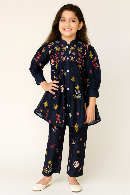 Georgette Embroidery Frock Pant Set With Dupatta 5343 Navy Blue