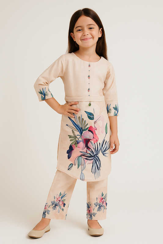 Cotton Printed Kurti Set 1198 Cream