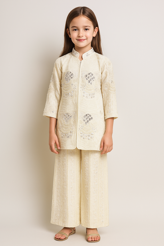 Georgette Multi Work Plazo Set 4685 Cream