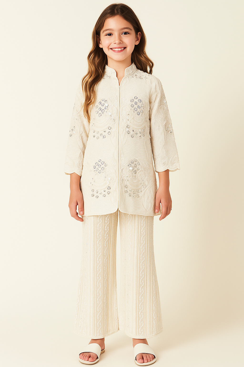 Georgette Multi Work Plazo Set 4685 Cream
