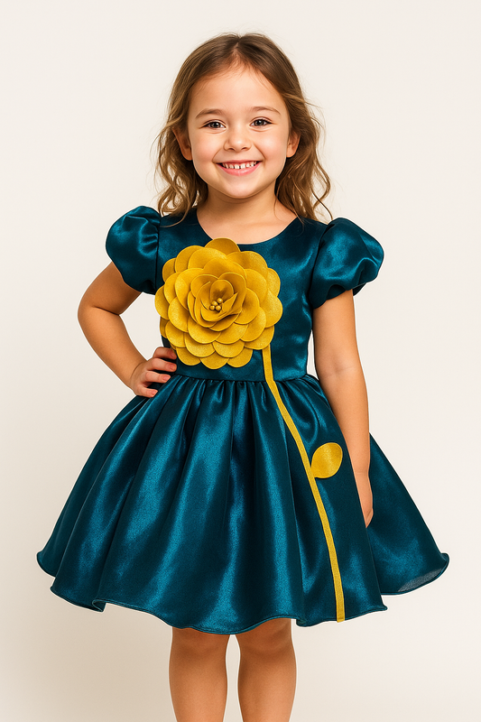 Satin Patch Work Frock 2513 Bottle Green