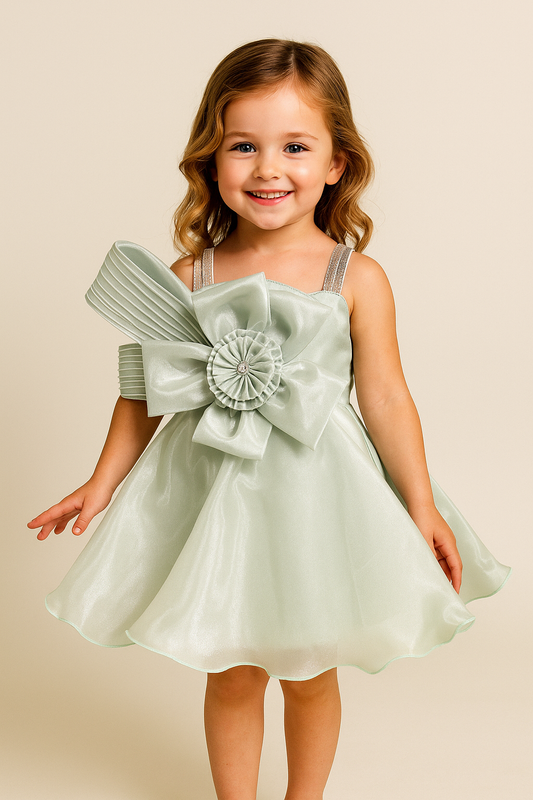 Satin Bow Design Frock 2507 Pista Green