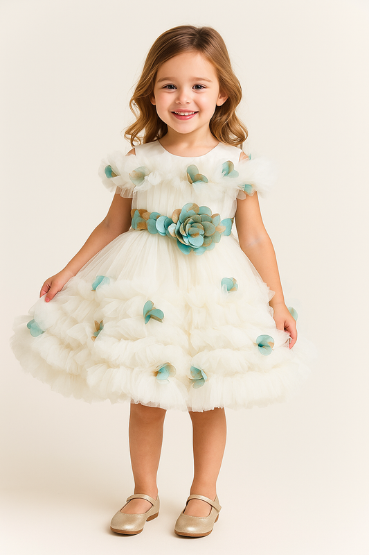 Net Patch Work Frock 2506 White & Blue