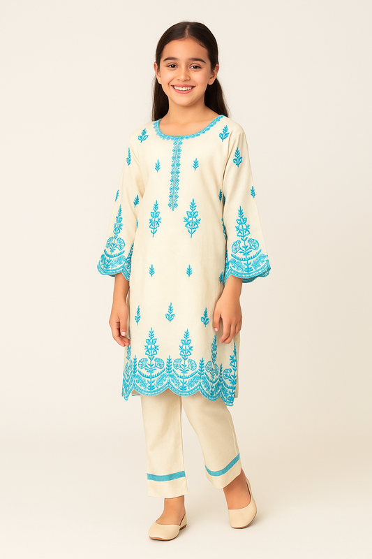 Cotton Embroidery Kurti Set 1203 Cream