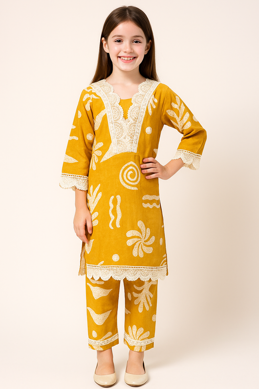 Cotton Printed Lace Work Kurti Set 1214 Mustard