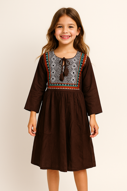 Cotton Printed Frock 1097 Brown