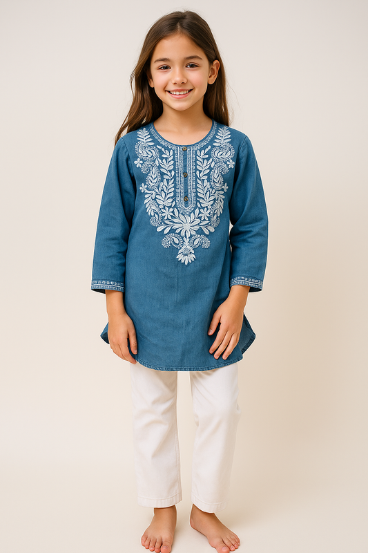Cotton Embroidery Denim Tunic Set 1218 Light Blue