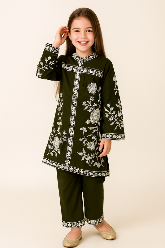 Cotton  Embroidered Kurti Pant Set 1217 Bottle green
