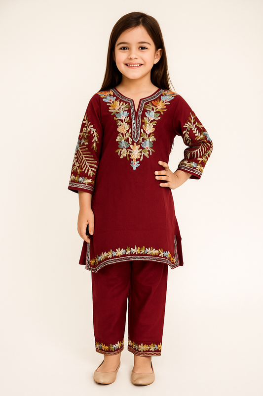 Cotton Embroidery Kurti Set 1216 Maroon