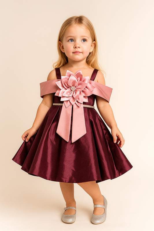 Satin Party Frock with Statement Bow 1003 Wine