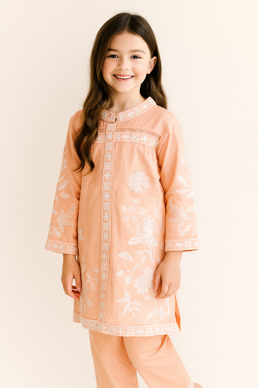Cotton  Embroidered Kurti Pant Set 1223 Peach