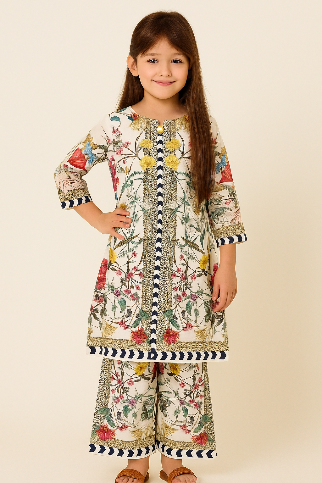 Printed Turkish Fabric Plazo Cord Set 4722 White