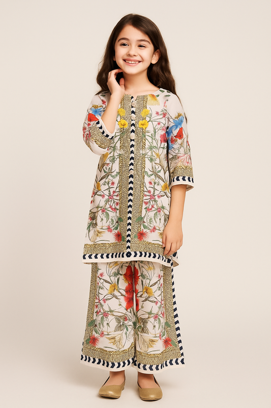 Printed Turkish Fabric Plazo Cord Set 4722 White