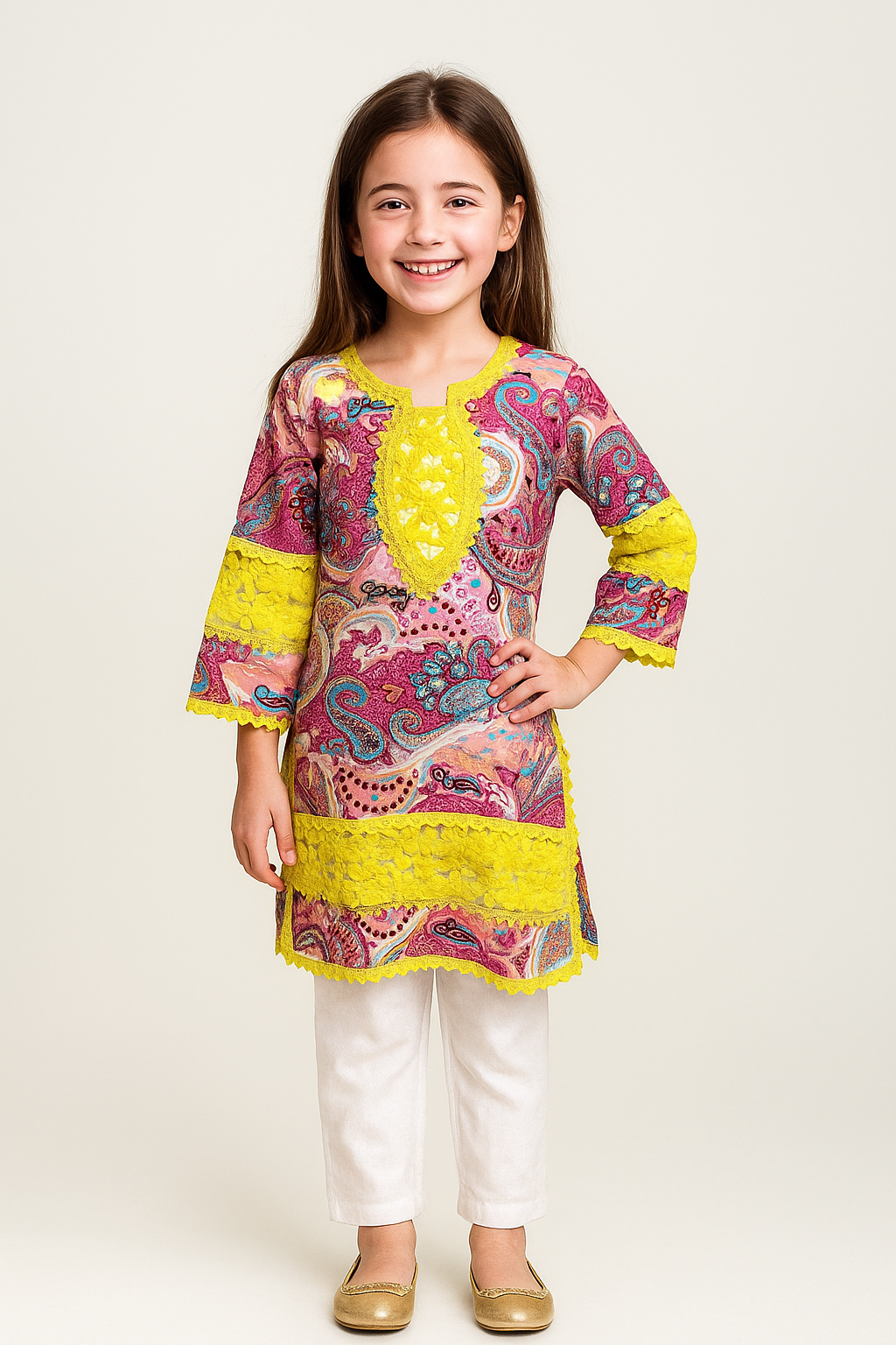 Cotton Printed Lace Work Kurti Set 1226 Pink & Yellow