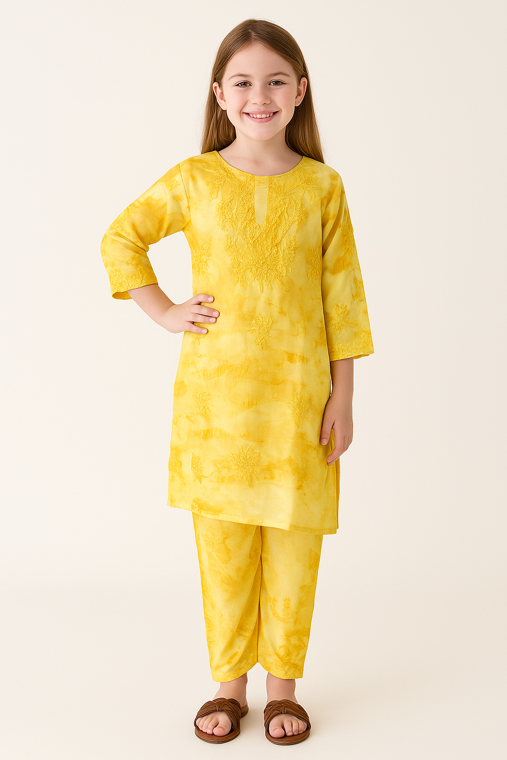 Cotton Tie dye Embroidery Work Kurti Set 1228 Yellow