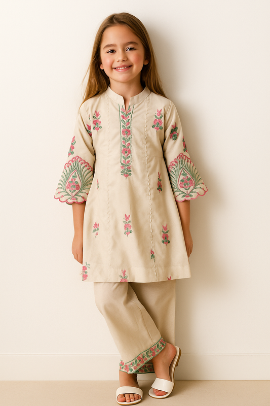 Cotton Frock Plazo Set 1588 Cream