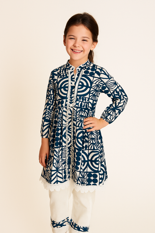 Cotton Printed Frock Pant Set 1231 Blue