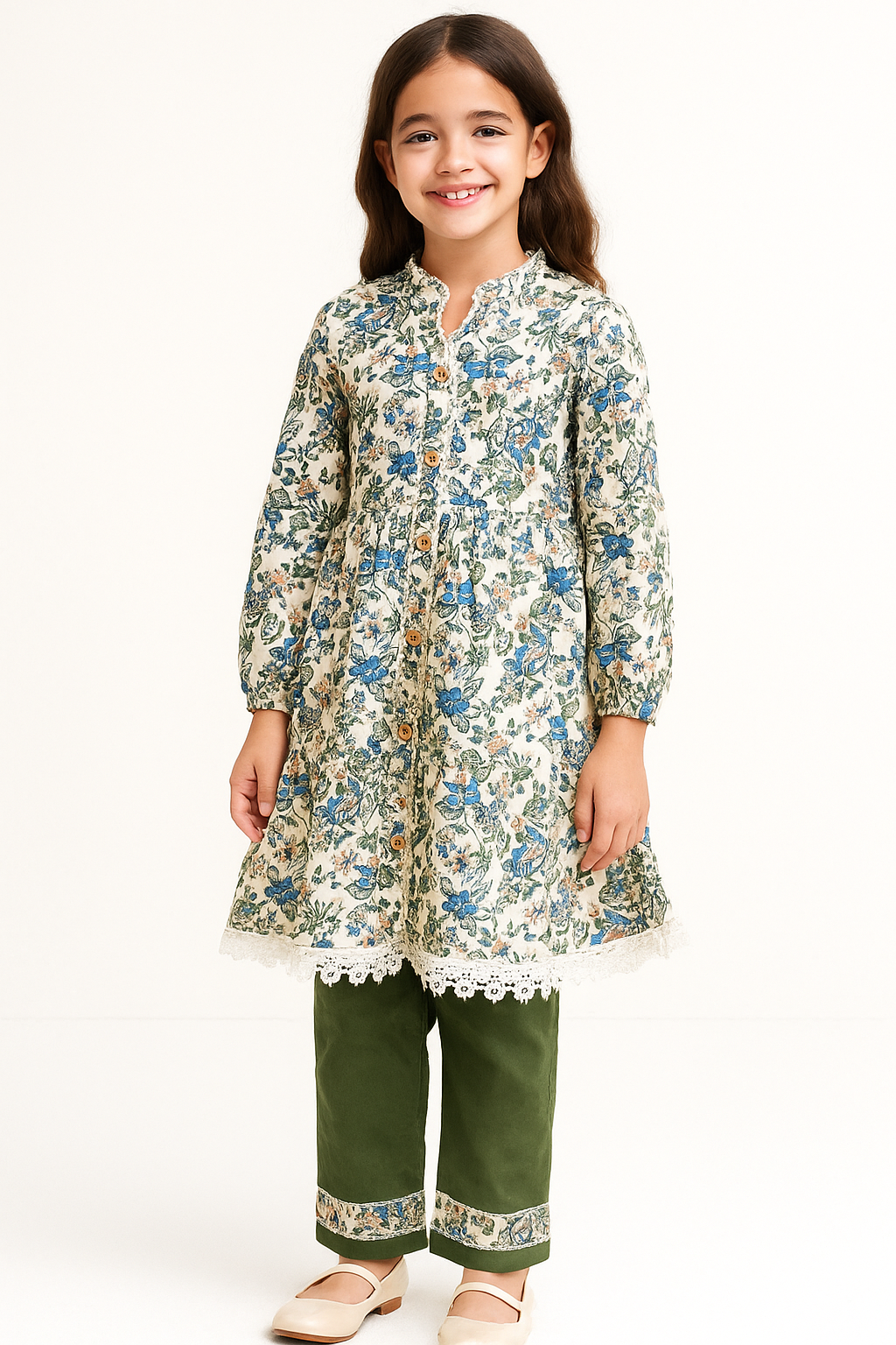 Cotton Printed Frock Pant Set 1232 Green