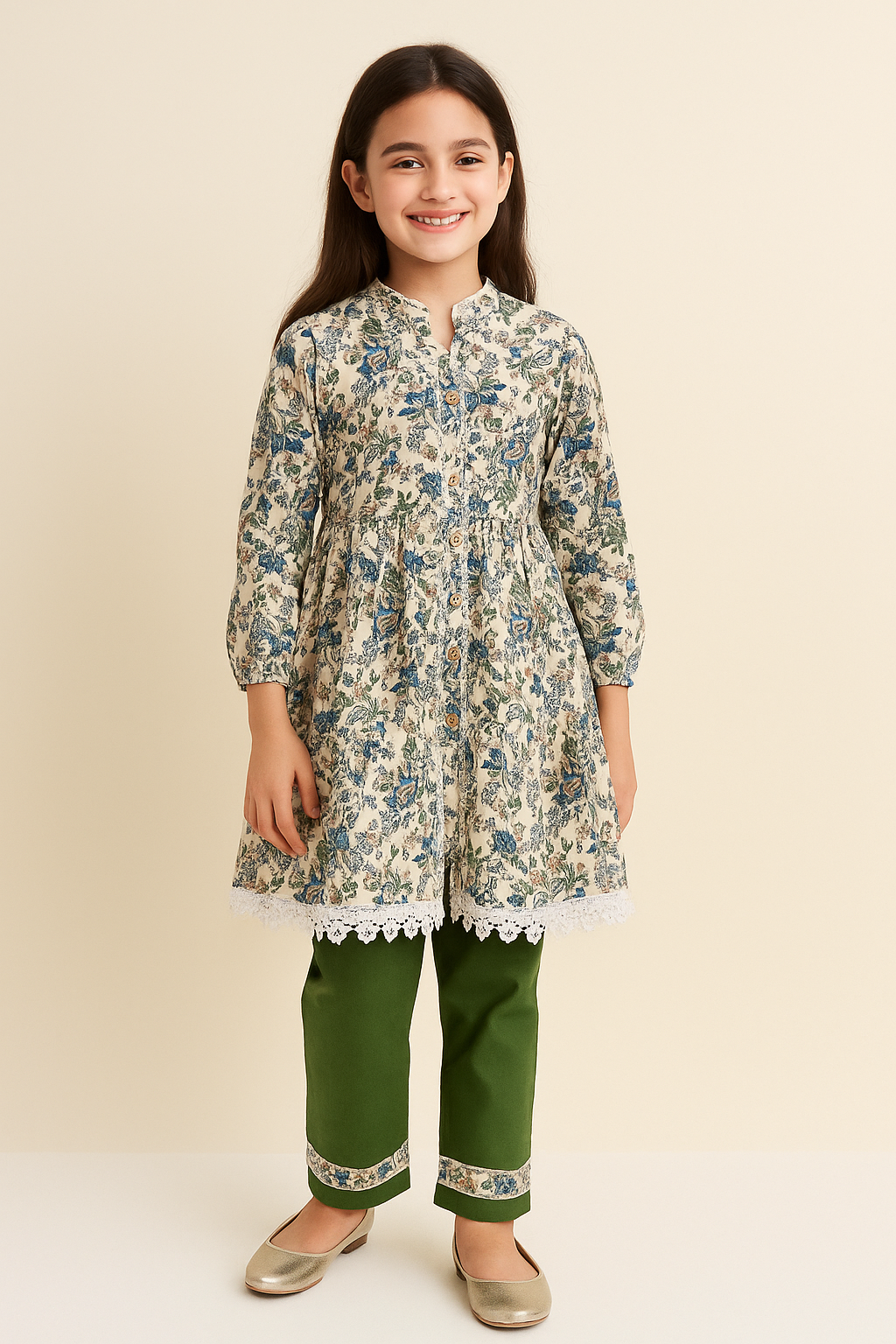 Cotton Printed Frock Pant Set 1232 Green
