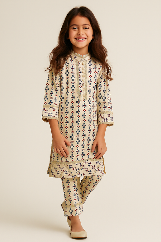 Cotton Printed Kurti Pant Set 1237 Cream