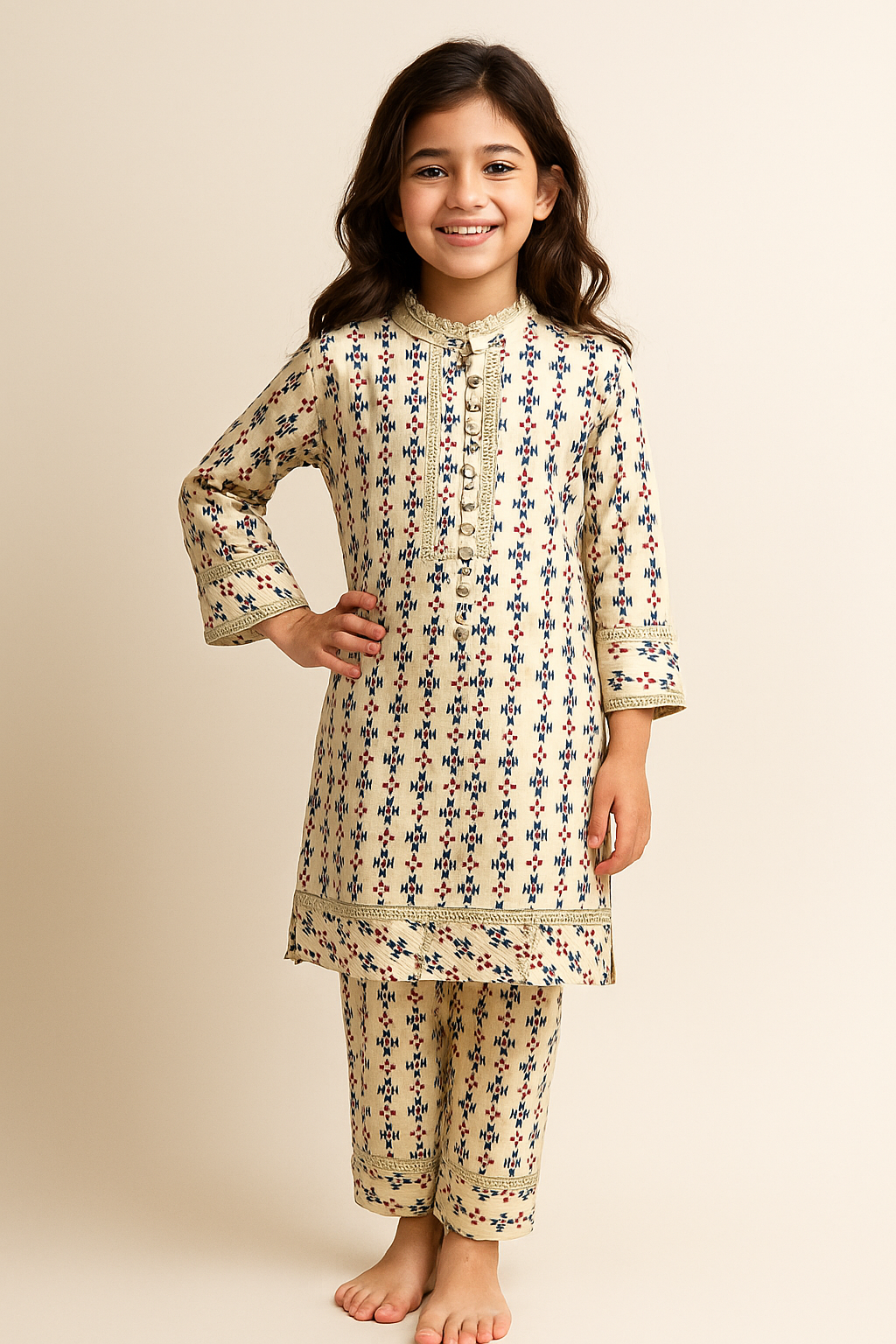 Cotton Printed Kurti Pant Set 1237 Cream