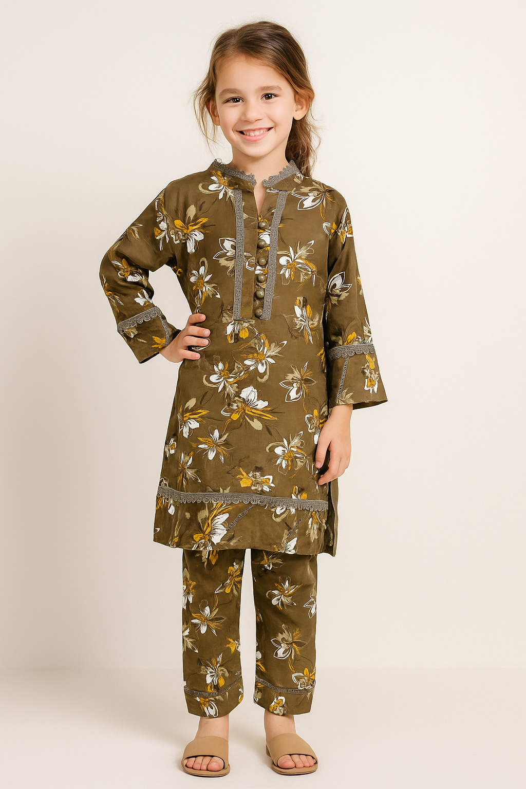 Cotton Printed Kurti Pant Set 1238 Brown