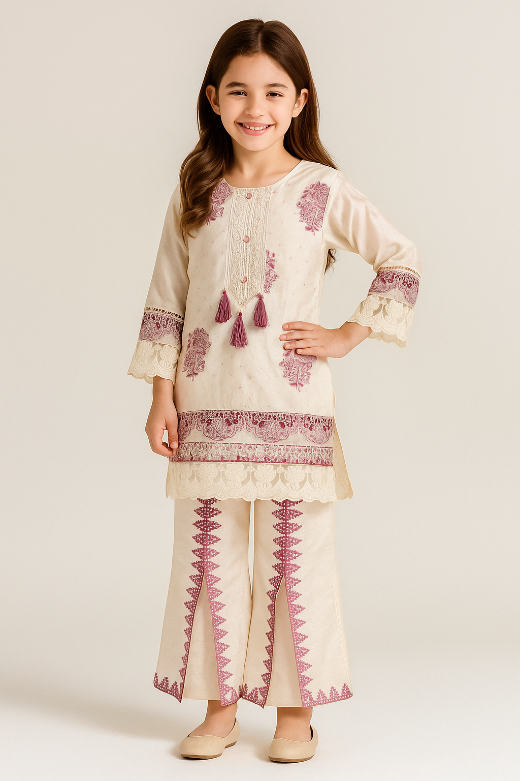 Cotton Embroidery Bell Bottom Set 5225 Cream