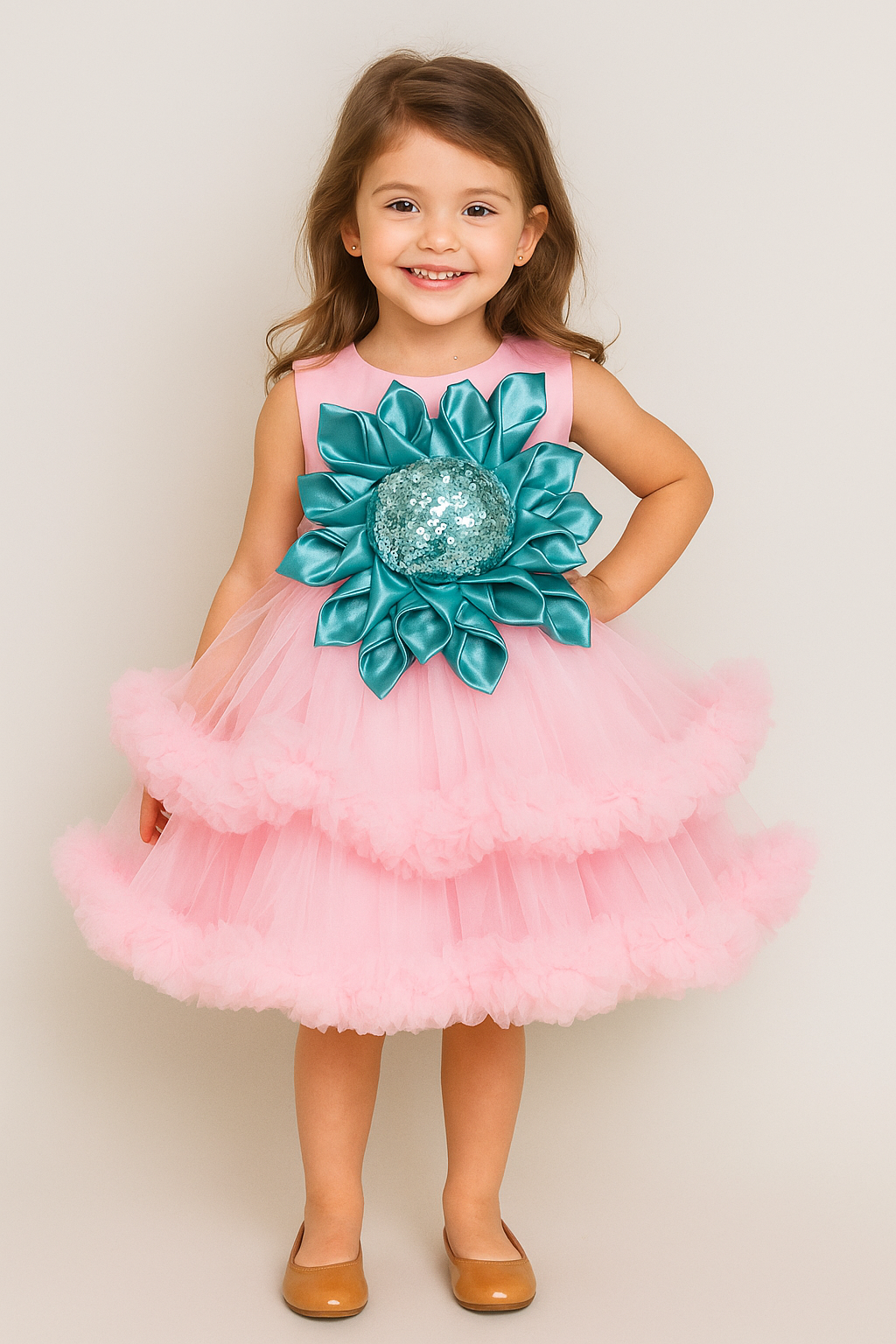 Net Flared Bow Frock 1007 Pink