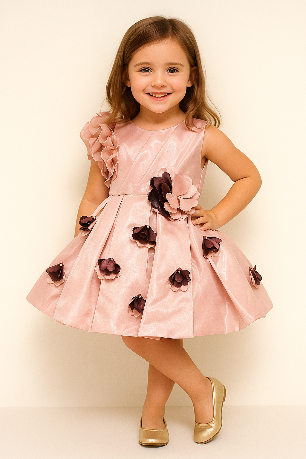 Satin Flower Work Frock 1010 Peach