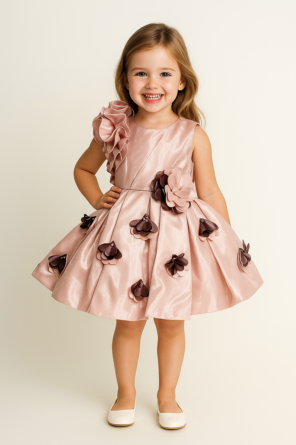 Satin Flower Work Frock 1010 Peach