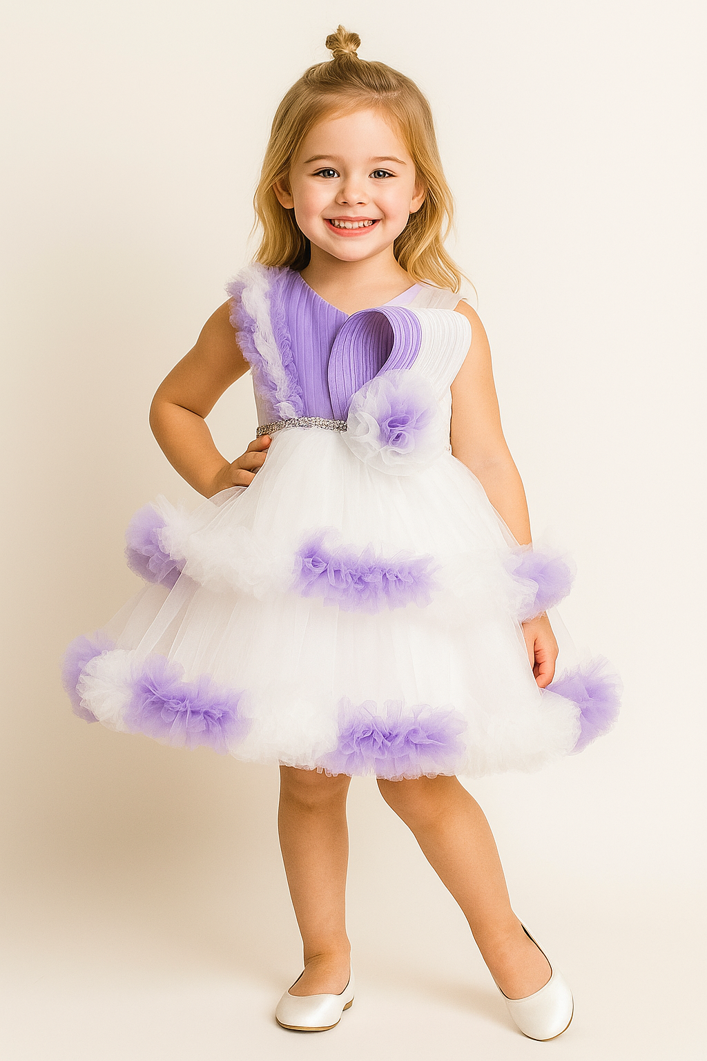 Net Flared Bow Frock 1013 White & Purple