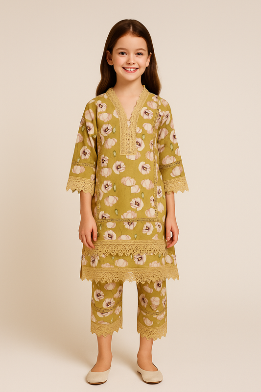 Cotton Printed Lace work Kurti Set 1245 Mustard