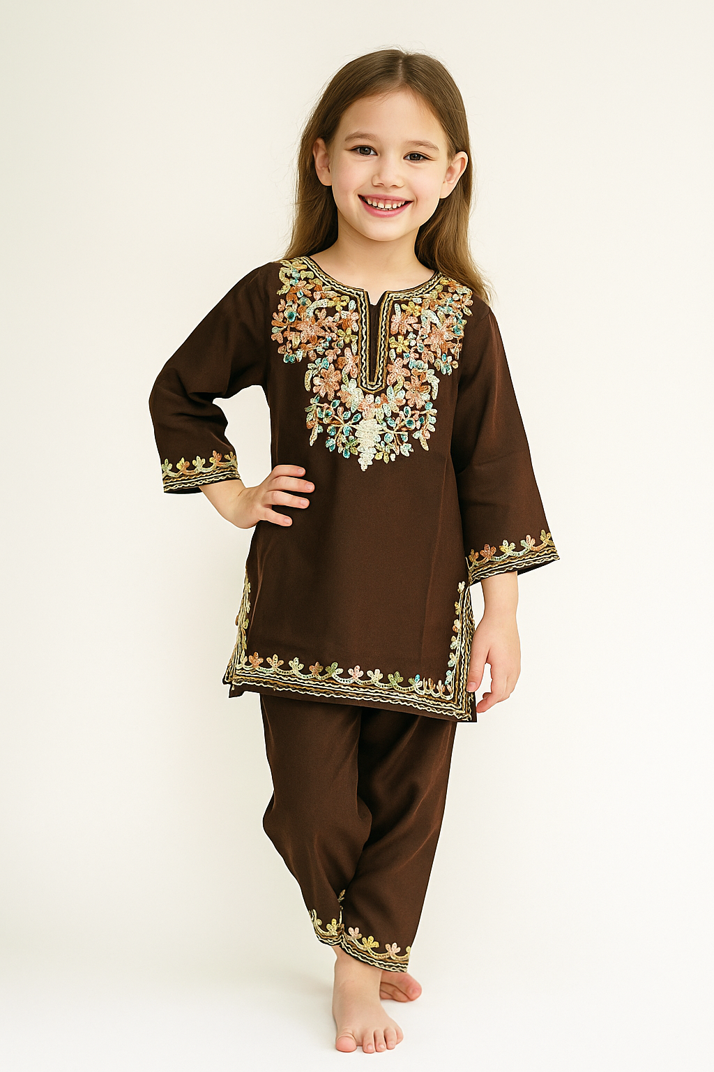 Cotton Embroidery Kurti Set 1247 Brown