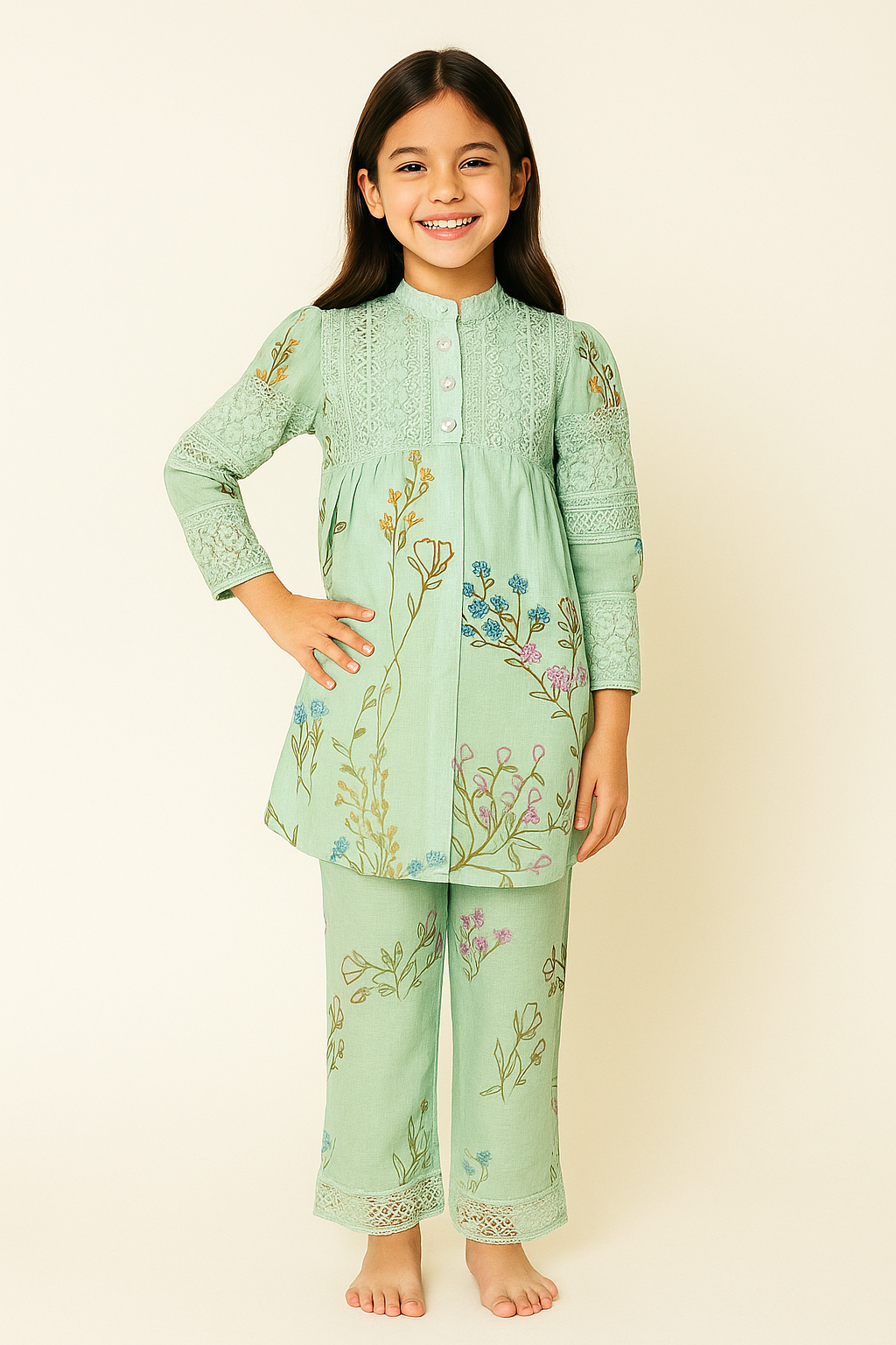 Cotton Printed Lace Work Cord Set 5390 Green