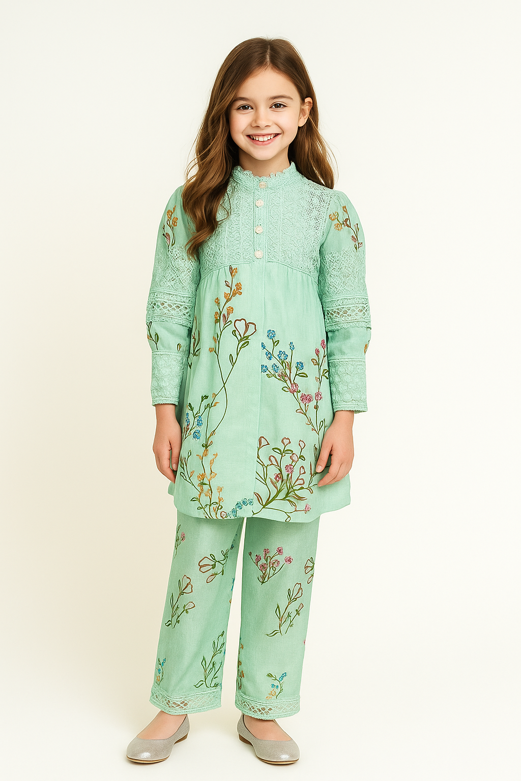 Cotton Printed Lace Work Cord Set 5390 Green