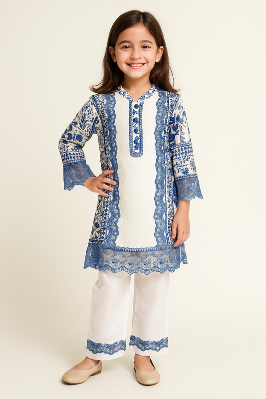 Cotton Embroidery Kurti Set 1279 White & Sky Blue