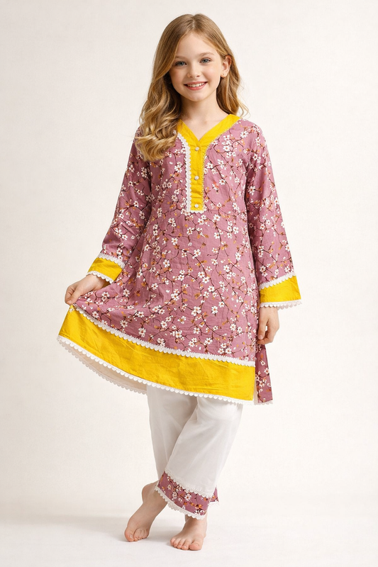 Cotton Printed Kurti Set 1419 Pink