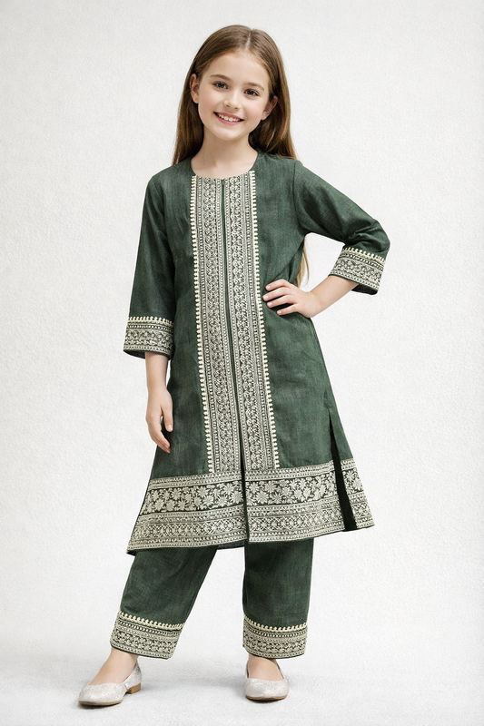Cotton Embroidery Frock Set 1422 Green