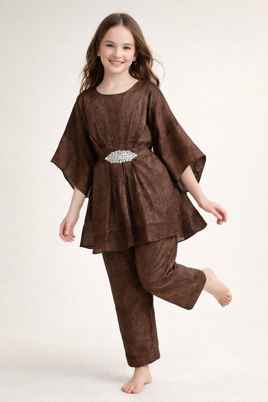 Cotton Solid Kaftan Set 1424 Brown