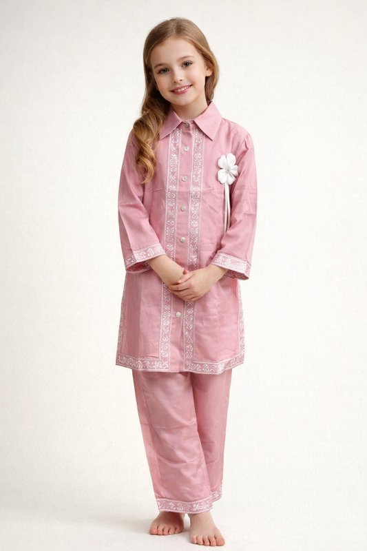 Cotton Embroidery Kurti Set 1427 Pink