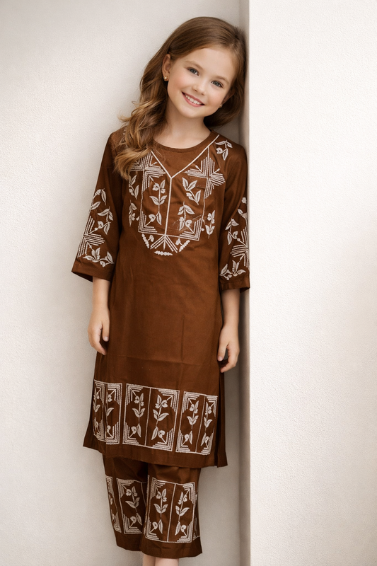 Cotton Embroidery Kurti Set 1430 Brown