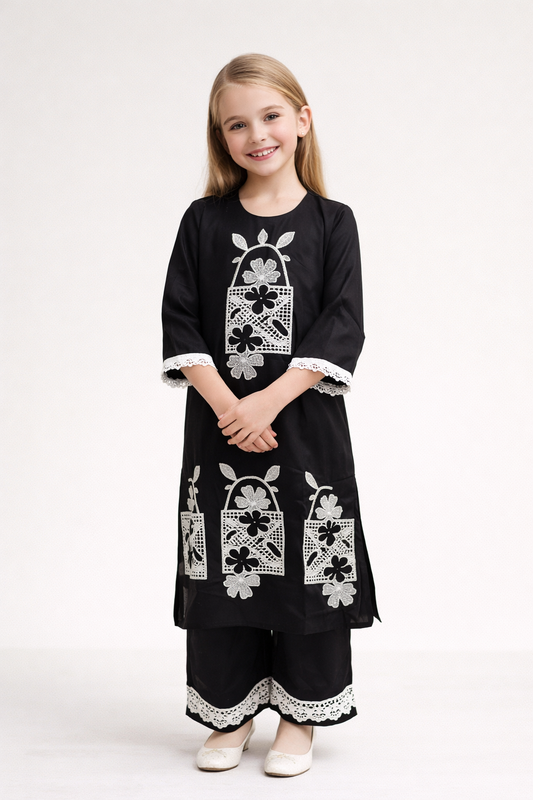 Cotton Embroidery Kurti Set 1432 Black