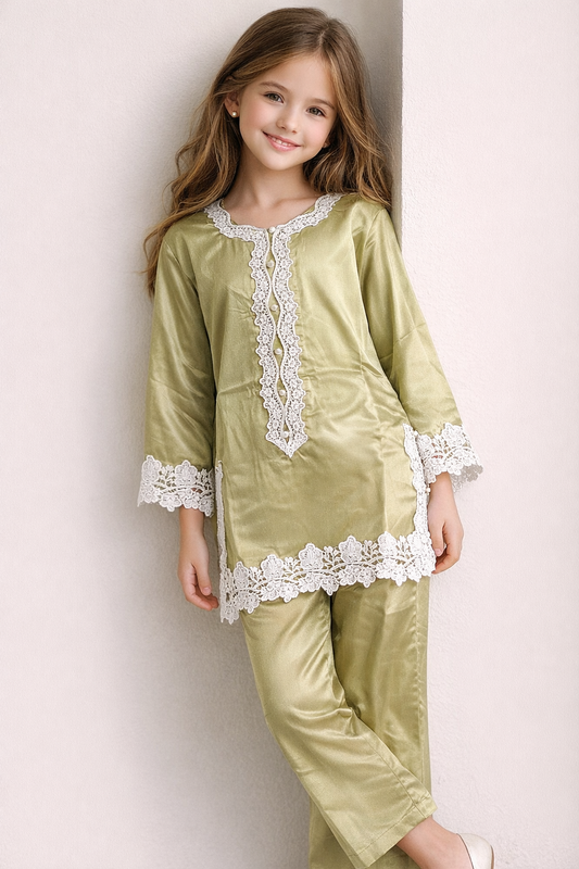 Cotton Lace Work Kurti Set 1447 Green