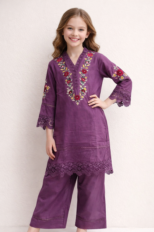 Cotton Embroidery Kurti set 1451 Purple