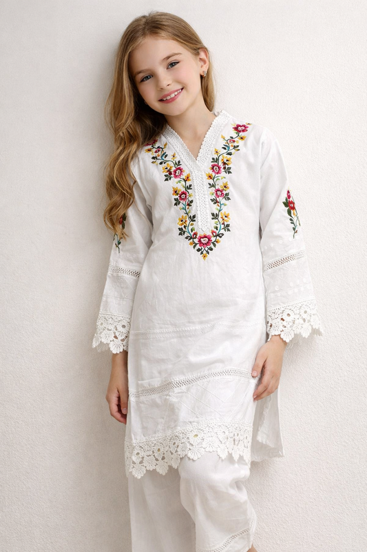 Cotton Embroidery Kurti set 1453 White